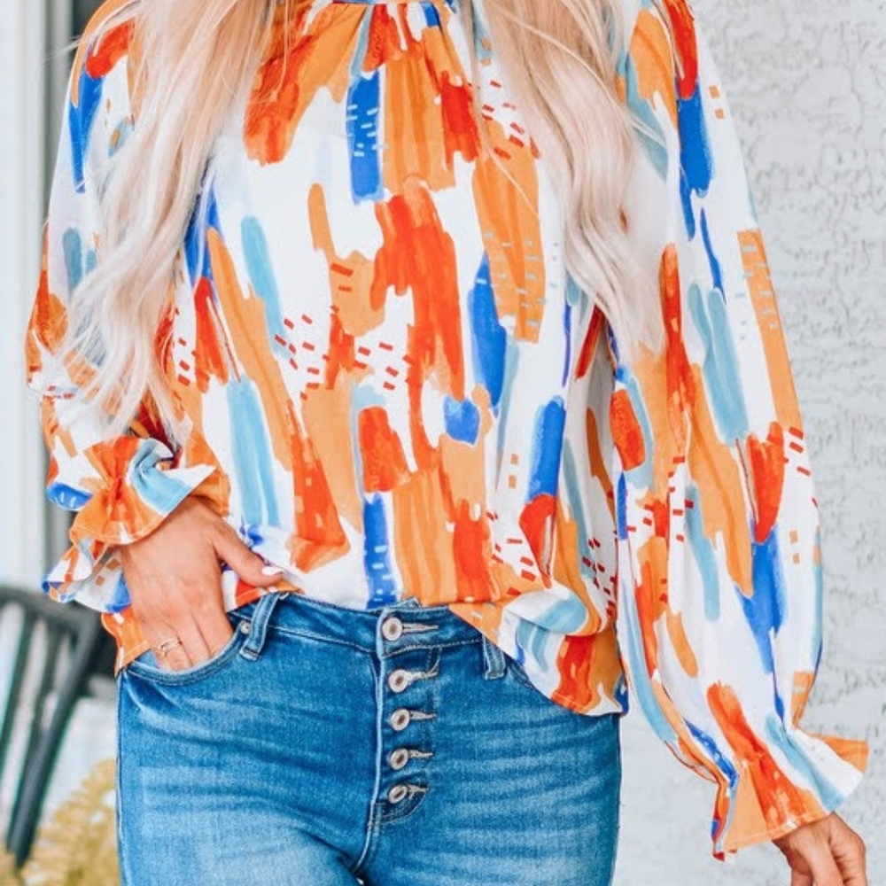 NWT, Large, Orange & Blue Brushstroke Print Top, Long Sleeves Ruffle Collar